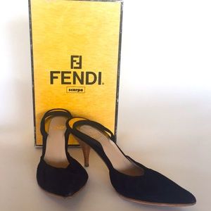 Fends black suede sling back 3” heels